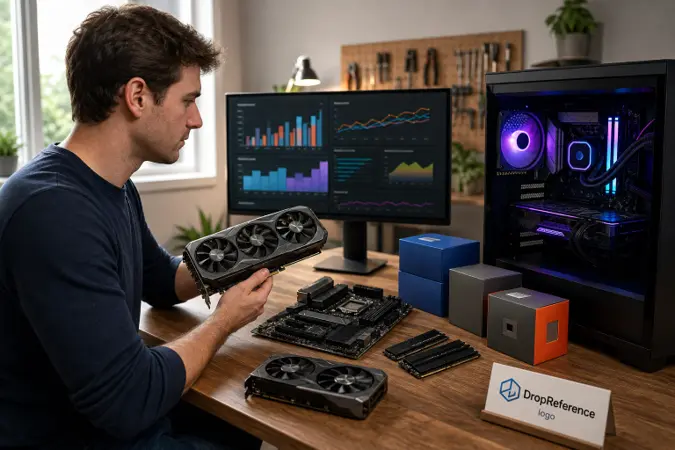 A gaming PC builder compares graphics cards and other components on a desktop monitor, with the DropReference logo visible beside the workstation.