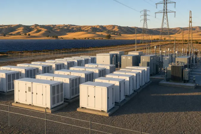 Conceptual editorial view of modular battery storage containers beside solar panels and transmission infrastructure in a dry California landscape.