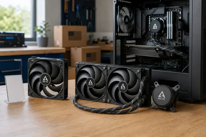 An ARCTIC-branded PC cooling fan and liquid cooler on a workbench beside a partially assembled desktop computer.