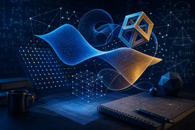 Editorial illustration of interlocking geometric surfaces, number grids and curved mathematical forms in a dark academic setting.