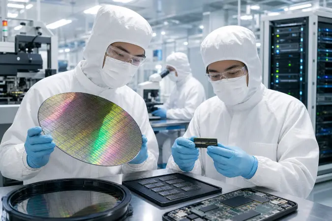 A modern semiconductor fabrication facility with DRAM wafers and memory-chip packages being inspected by engineers.