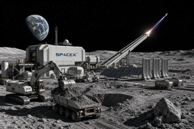 Editorial illustration of a SpaceX lunar industrial base with robotic equipment, solar arrays and a satellite launch track on the Moon.