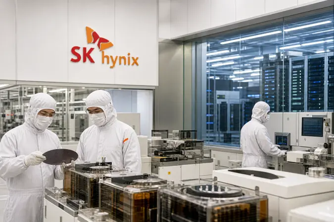 A modern semiconductor fabrication cleanroom with engineers beside wafer-processing equipment and an SK hynix logo on a wall panel.