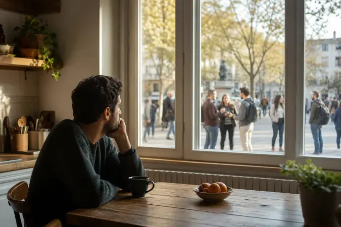An adult sitting quietly at a kitchen table by a window while blurred groups of people connect outside in a public square.