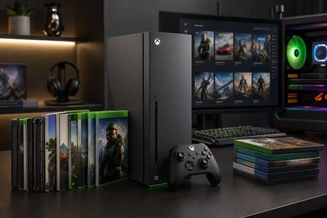 A modern Xbox-style console with a controller, classic game cases and a Windows gaming PC in a studio setting.