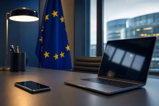 An iPhone, a Windows laptop and a European Union flag displayed on a desk, illustrating cross-platform interoperability policy.