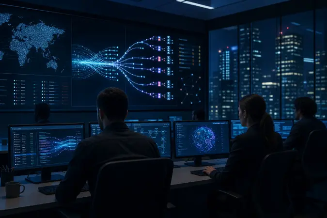 A security operations centre monitors network activity across connected servers and autonomous AI agent workflows.