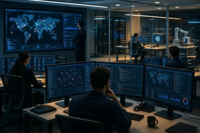 A cybersecurity analyst monitors autonomous AI agent activity on several screens in a controlled security operations centre.