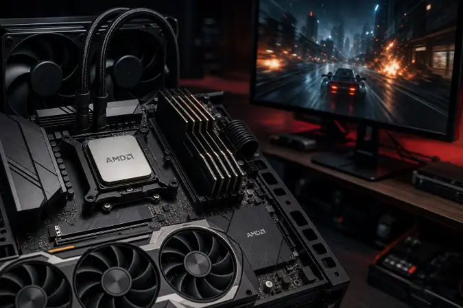 Editorial illustration of an AMD processor on a motherboard beside a gaming monitor, with the AMD logo visible.