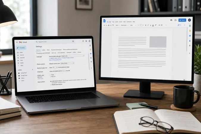 A laptop showing Gmail settings beside a Google Docs document, with the Google logo visible on the screen.