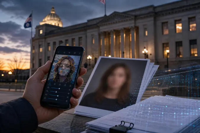 A courtroom exterior in Minnesota with a smartphone showing an abstract AI image-editing interface and a blurred portrait photograph.