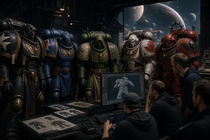 A cinematic science-fiction production scene with armoured Space Marines standing in a dark futuristic hangar beside animation monitors.