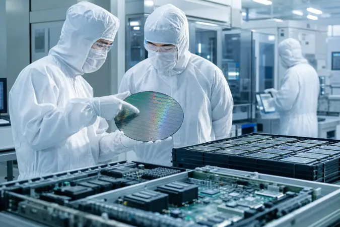 Semiconductor wafers and stacked memory chips in a clean-room manufacturing environment.