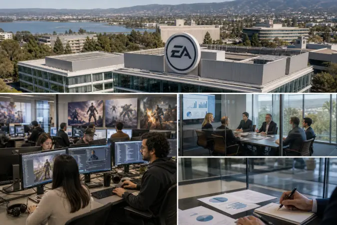 Electronic Arts studio campus with game developers working at monitors and the EA logo displayed on a building sign.