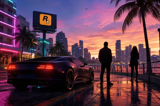 A neon-lit Miami-inspired boulevard at night with a Rockstar Games logo on a billboard, a sports car and two silhouetted figures.