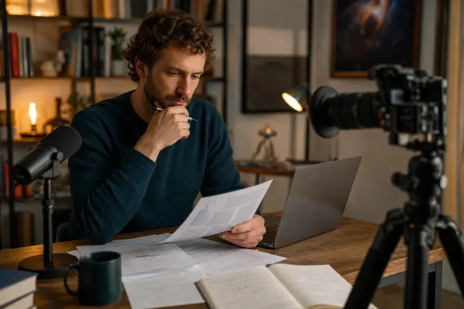 A science communicator in a home studio compares printed research papers with notes on a laptop before recording a video.