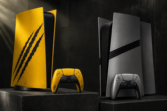 A yellow PlayStation 5 Digital Edition console and matching Wolverine-themed DualSense controller displayed with metallic grey alternative accessories.