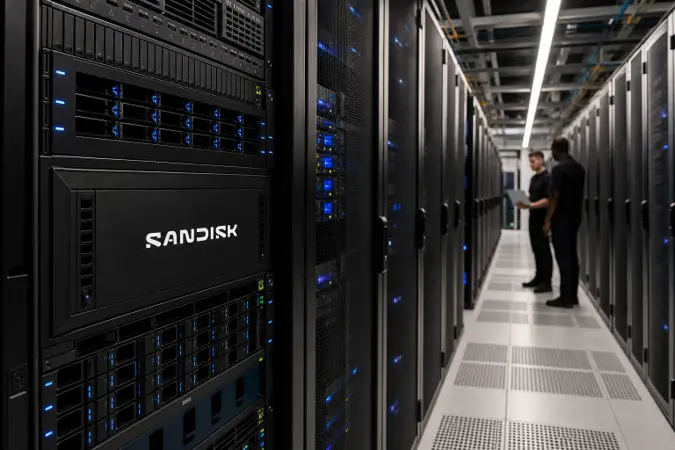 Sandisk data-centre storage equipment in a modern server room with the Sandisk logo visible on a rack panel.