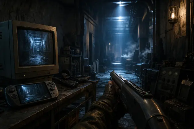 A dark industrial corridor inspired by a 2009-era supernatural first-person shooter, with a vintage computer monitor and a modern handheld gaming device.