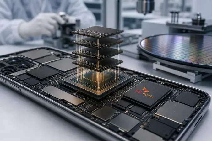A close-up editorial illustration of a smartphone processor with vertically stacked memory layers beside a SK hynix-branded memory package.
