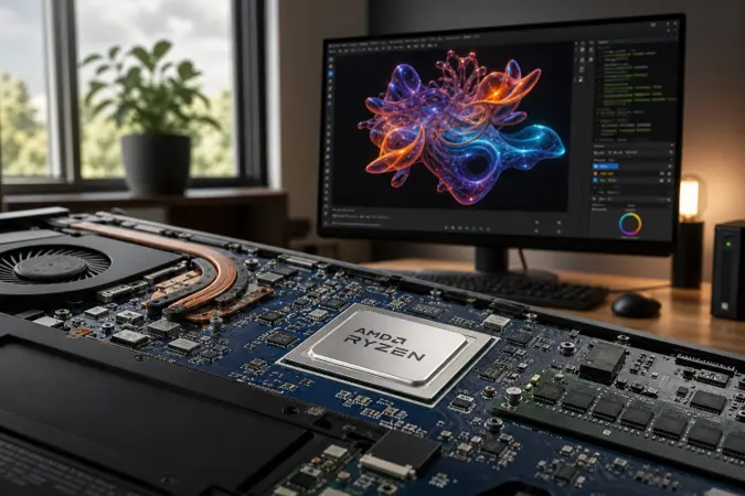 An AMD Ryzen laptop processor on a circuit board beside a Linux workstation displaying abstract OpenGL and Vulkan graphics.