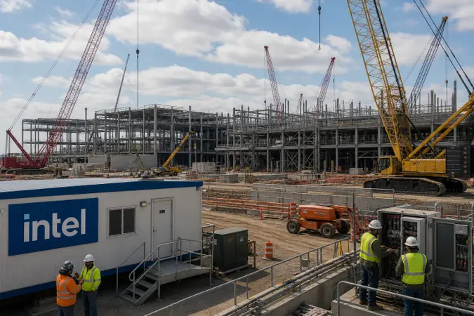 Construction workers in safety gear work beside steel structures and cranes at an Intel semiconductor factory site in Ohio.