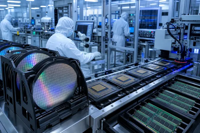 A semiconductor manufacturing and advanced chip packaging facility with silicon wafers, processor packages and memory modules on an inspection line.