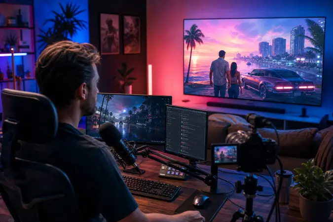 A streamer in a modern home studio reacts to a neon-lit fictional coastal crime-game trailer on a large television while recording equipment and a live chat monitor are visible.