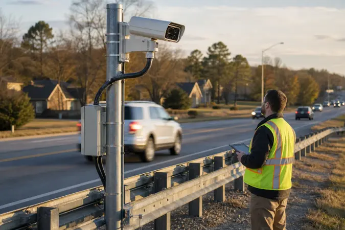 A roadside licence-plate reader camera mounted near a guardrail on a suburban Tennessee road, with traffic passing in the distance.