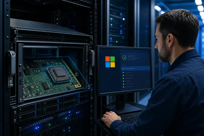 A data-centre server with a TPM security chip highlighted beside an administrator’s workstation, with the Microsoft logo visible.