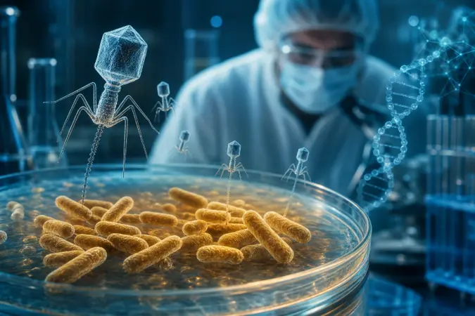 Editorial illustration of bacteriophages approaching rod-shaped bacteria in a laboratory setting, with a researcher and molecular models in the background.