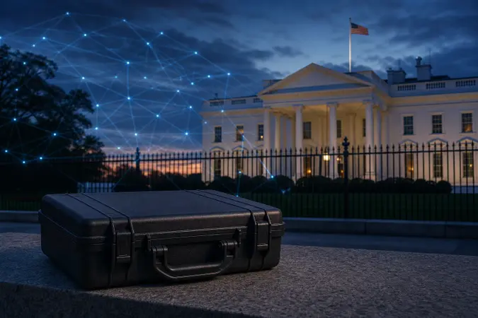 The White House at dusk with a secure digital network visualisation and a locked document case in the foreground.