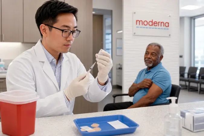 A pharmacist holding a flu vaccine vial and syringe in a modern vaccination clinic, with Moderna branding visible in the background.