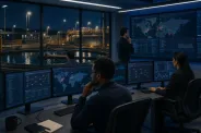 Security analysts monitor network activity in an operations centre while a water treatment facility is visible through a glass wall.