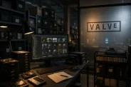 An editorial illustration of a dim archive room with server drives, a monitor showing abstract game-development file structures, and the Valve logo on a wall display.