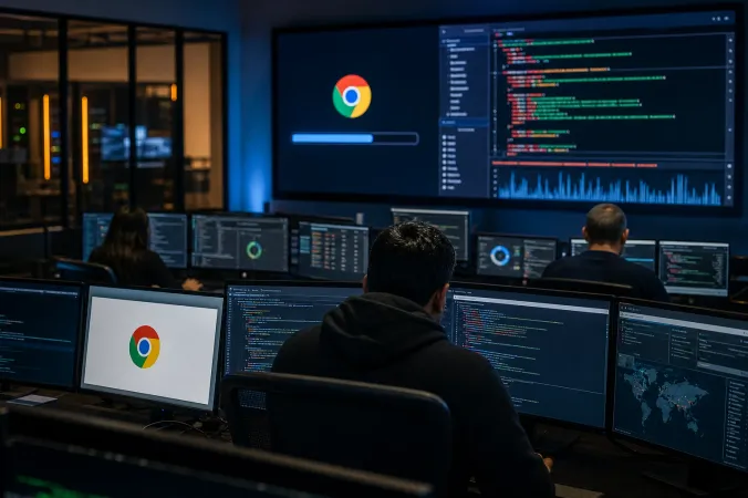 A security operations centre screen showing Chrome update activity and code analysis, with the Google logo visible on a workstation display.