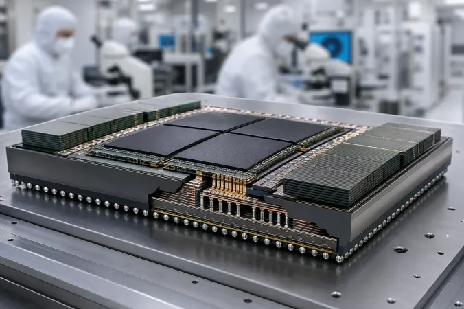 An editorial illustration of a large multi-chip AI processor package with compute chiplets, memory stacks and layered interconnect structures on a semiconductor manufacturing workbench.