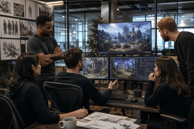 A game development studio team reviews a 3D fantasy environment on large monitors, with the Winking Studios logo displayed on a glass wall.