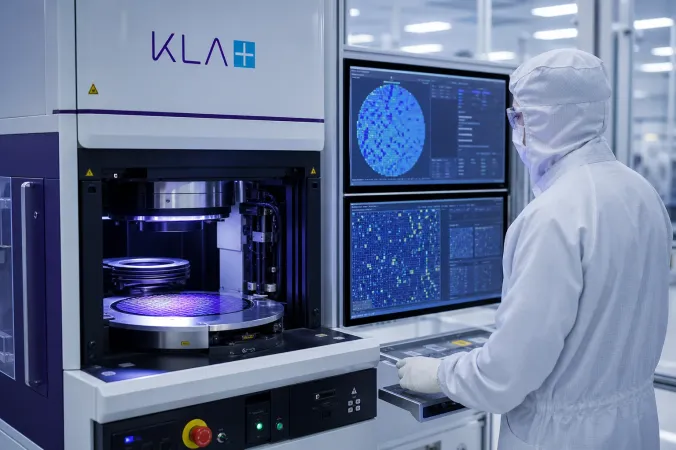 A semiconductor engineer monitors a wafer inspection system in a cleanroom, with KLA equipment and the KLA logo visible.
