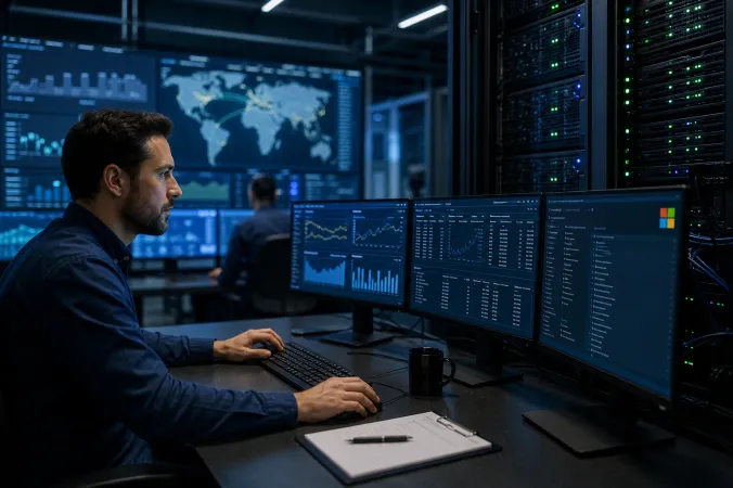 A security operations analyst monitors a rack-mounted on-premise server environment and threat alerts on several screens.