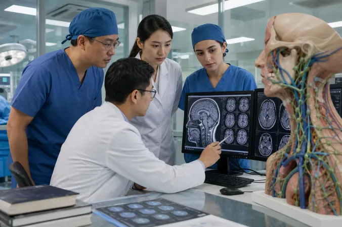 A neurosurgical research team reviewing brain scans and a neck lymphatic anatomy model in a modern Chinese hospital laboratory.
