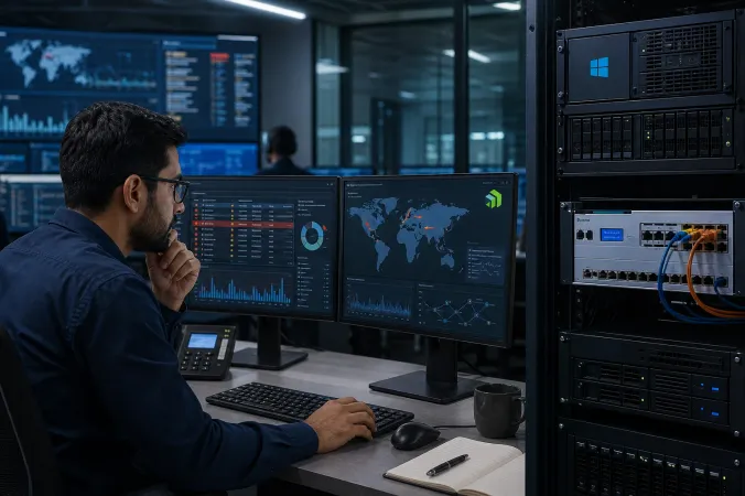 A security operations analyst reviews alerts on monitors beside a rack-mounted server, with the Progress logo visible on a display.