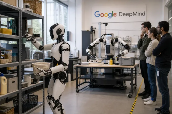 An Apptronik-style humanoid robot uses a robotic hand to organise objects on shelves in a modern Google DeepMind robotics laboratory.