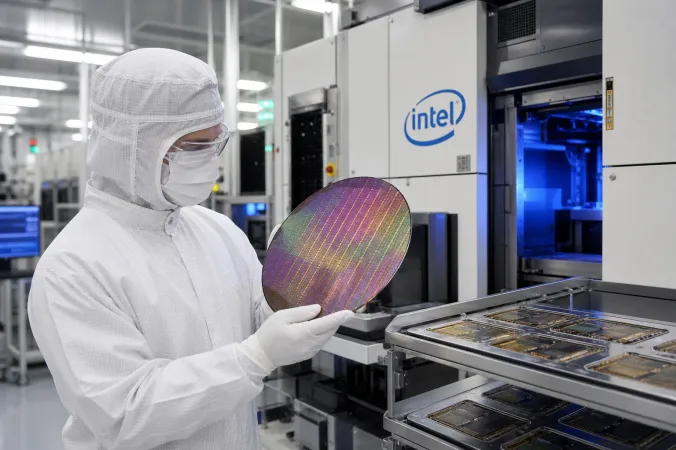 An Intel semiconductor technician in a cleanroom examines a silicon wafer beside advanced chip-manufacturing equipment.