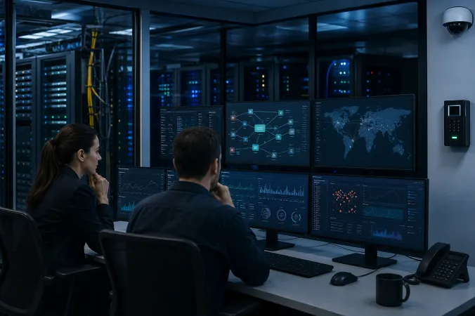 A secure data-centre operations room showing isolated server racks, network segmentation displays and security analysts reviewing alerts.