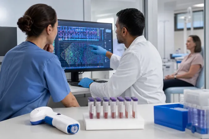 A clinician in a modern hospital research room prepares a needle-free injection device beside anonymised tumour sequencing data on a monitor.