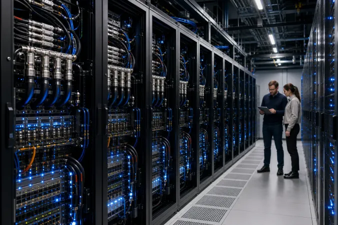 A modern AI data centre with rows of liquid-cooled computing racks and engineers monitoring the infrastructure.