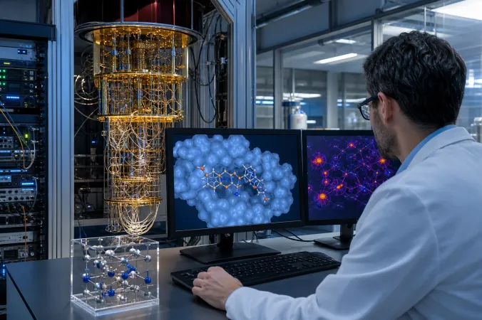 A cryogenic quantum-computing laboratory beside a workstation displaying a protein structure and a magnetic crystal simulation.