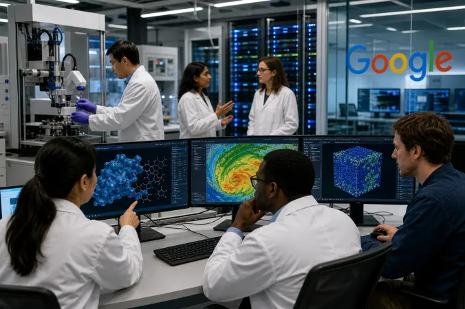 Scientists work at computer stations in a U.S. national laboratory, with cloud computing visualisations and the Google logo visible on a wall display.