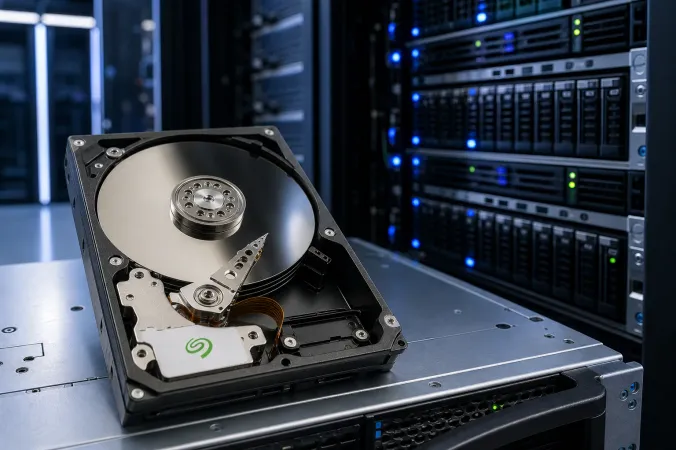 A Seagate enterprise hard drive shown in a modern data centre rack with server lights and visible storage platters.